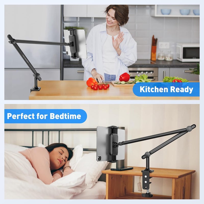 AboveTEK Tablet Stand Holder for Desk & Bed, Aluminum iPad Holder Arm with 360° Rotating Clamp, Adjustable Phone Stand Compatible with 4.7"-13.5" iPad Pro/Air/Mini, iPhone, Galaxy Tab- Black - Image 5